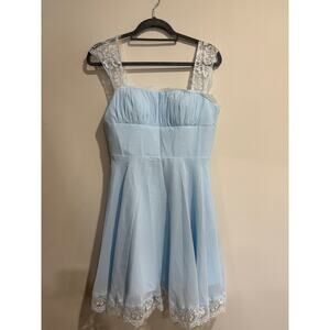 NWT JJ's House A-line Square Pleated Chiffon Homecoming Mini Dress Sky Blue US 4